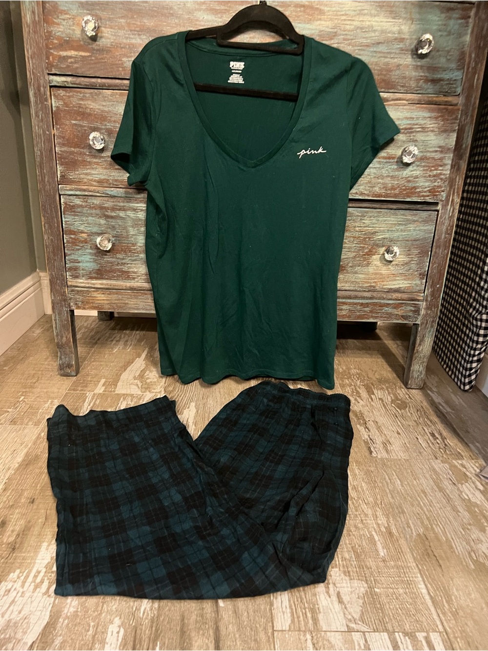 💗PINK VS Brushed Cotton Green Plaid  Flannel Sleep Pants & Green Sleep Tee! Sz-L